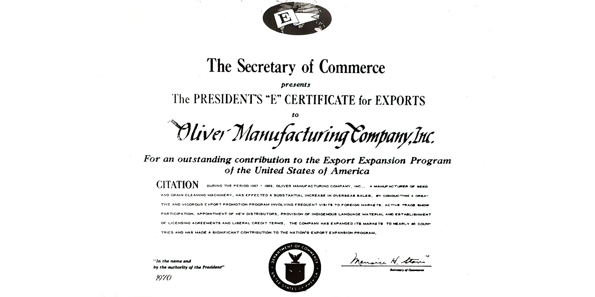 Certificate from the Secretary of Commerce to allow export of Oliver products